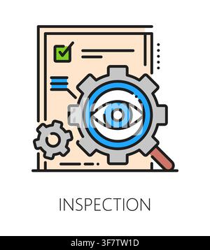 Production quality standards inspection icon or symbol. Production inspection sign, quality approval color line vector symbol. Regulation control icon with human eye, cogwheel and magnifying glass Stock Vector