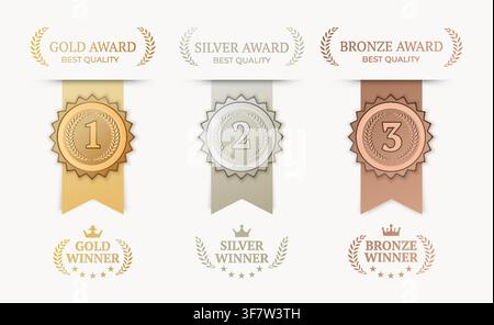 Luxury Award Medals Set with Gold, Silver, and Bronze Winners Badges, Ribbons, and Laurel Wreaths. Stock Vector