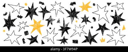 Crayon abstract simple star elements. Scrapbook vector black and yellow icons. Stock Vector