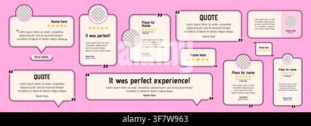 Collection of testimony layout templates. Speech bubble and different shape designs with five stars rating. Stock Vector