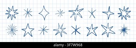 Crayon star icon set. Bright star stickers and firecracker bursts shine. Vector illustrations with grunge textures. Doodle sparkle elements in kids Stock Vector