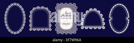 Collection of lace scalloped different shape frames on blue background. Stock Vector