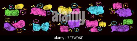 Pack of ten compositions with color crayon speech bubbles. Hand drawn Irregular text boxes. Stock Vector