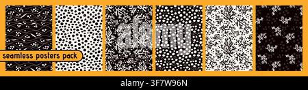 Six organic coral seamless black and white posters. Abstract repeated vertical compositions on yellow background. Stock Vector