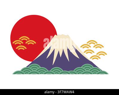 Japanese Fuji mountain with red sun setting or rising behind it. Isolated Japan travel icon of summit with snow capped peak and Seigaiha wave pattern. Famous traditional Asian Japan country landmark Stock Vector
