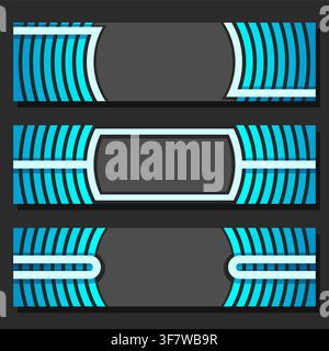 Vector set of Header Templates with dark copyspsce, 3 blue abstract futuristic banners with curve element on grey background, three horizontal headers Stock Vector