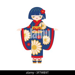 Traditional Japanese kokeshi doll with closed eyes in blue kimono with large white chrysanthemum flowers and red sakura blossoms, gold obi belt with bow, red flower hair accessory, wooden geta sandals Stock Vector