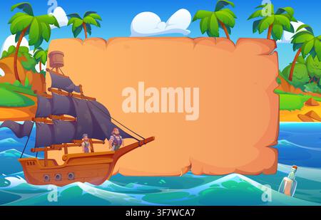 Old paper scroll banner and pirate ship with sails at large aged parchment scroll. Ttropical island with palm trees and rolling waves while a floating bottle drifts in the sea adventure Stock Vector