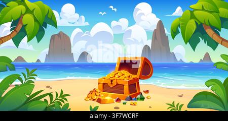 Cartoon treasure chest on tropical island. Wooden box filled with golden coins, bars and gems on sandy shore. Vibrant island landscape with palm trees and ocean waves for casual mobile games Stock Vector