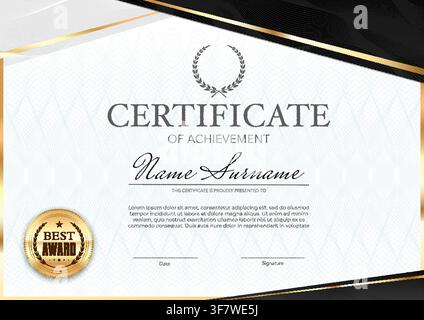Award diploma or certificate of achievement document template with luxury black and golden frame, ornament and golden seal. Certificate with gold border design for corporate or professional graduate Stock Vector