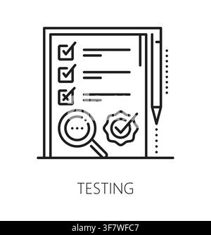 Production quality testing inspection line icon or pictogram. Standards certification icon, regulatory inspection vector symbol. Quality approval pictogram with checklist, seal and magnifying glass Stock Vector