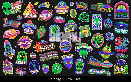 Space alien and UFO y2k groovy stickers. Galaxy funky vector patch labels with cartoon alien astronaut characters, psychedelic universe planets and rocket spaceship. Retro groovy space stickers set Stock Vector