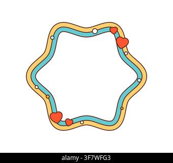 Wavy retro Y2K frame with rounded organic shape, colorful double border, decorative hearts and small dots. Playful cartoon wavy border for social media posts, scrapbooking or romantic planners Stock Vector