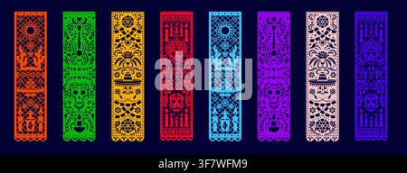 Paper Mexican paper cut border, papel picado holiday frames. Vibrant Latin frames with sugar skulls, guitars, cacti, candles, sombreros and floral patterns for Dia de los Muertos event posters Stock Vector