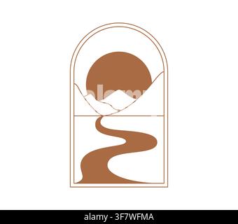 Minimalist boho arch window emblem featuring rising sun over layered mountains and winding desert path. Elegant boho symbol for wellness studio, travel company and fashion boutique Stock Vector