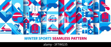 Winter sport modern geometric mosaic seamless pattern background. Winter sport games pattern of mosaic shape ski and ice skates, snowboard and snowmobile with snow sled or curling winter sports Stock Vector