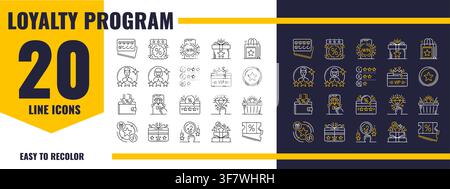 Loyalty program exclusive benefit line icons, reward, gift coupons, prize and discount offer pictograms. Loyalty program vector sign. Exclusive benefits icon with bonuses card, wallet and avatars Stock Vector