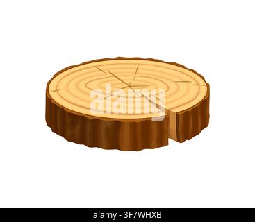 Cartoon cross sectioned wood log slice with visible growth rings, natural cracks and rough bark edge on white background. Brown timber or wooden plank for lumber industry and woodworking content Stock Vector