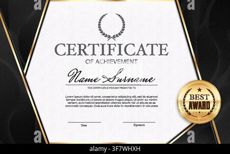 Template luxury diploma certificate of achievement with ornament black frame and golden award seal. Corporate business document border, appreciation luxury business or education honor background Stock Vector