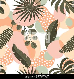 Bohemian tropical plants seamless pattern with exotic palm leaves and abstract organic shapes. Boho monstera leaf floral organic background for summer textile, wrapping paper and wallpaper decor Stock Vector