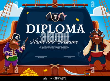 Kids diploma certificate with cartoon funny pirates on ship or sailboat deck. Kids diploma or appreciation letter award, corsair sailor in captain hat and boatswain with musket gun and saber sword Stock Vector