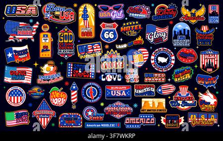 Retro y2k United States of America stickers, vintage USA american patch labels. Vector statue of liberty, stars and stripes flag, eagle, Western and national patriotic emblems, y2k USA travel stickers Stock Vector