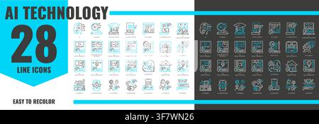 Artificial intelligence AI technology line icons. AI robot brain with gears and circuit outline icons set of artificial intelligence agent, data cloud and automation, network technology and innovation Stock Vector