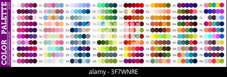 Color RGB palette of pastel and neon, balanced and warm, neutral and vibrant harmony colour swatches. Colors palette chart guide with master colours mix blend and spectrum match gradient combination Stock Vector