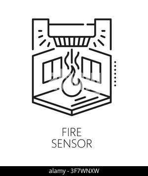 Fire sensor home security electronics line icon or symbol. Safety device outline vector icon, protection equipment thin line sign. Alarm electronics symbol or pictogram with fire sensor and room Stock Vector