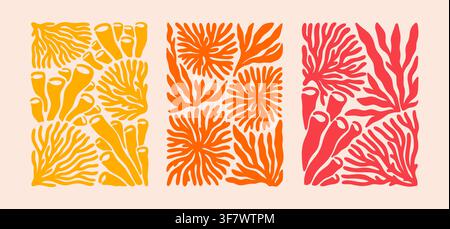 Hand drawn doodle boho coral, seaweed pattern set. Summer organic irregular shape liquid abstract funky background. Caribbean, Hawaiian, mediterranean Stock Vector