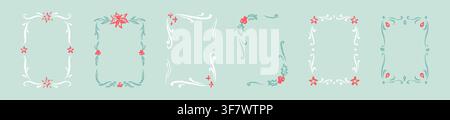 Set of winter seasonal crayon doodle frames with snow wind swirl, frozen snowflake ornament, floral motif. Watercolor Merry Christmas and Happy New Ye Stock Vector
