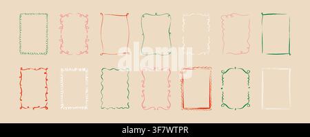 Set or hand drawn chalk, crayon, pencil, charcoal doodle sketch frame for Happy New Year and Merry Christmas card, wedding, birthday bachelorette part Stock Vector