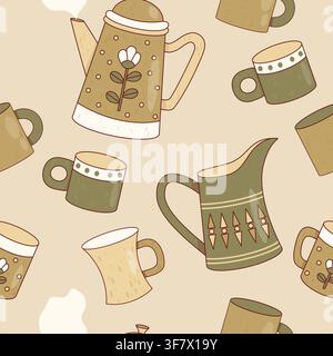 Seamless Pattern with Handcrafted Ceramic Coffee Pots, Jugs and Mugs on Beige Background. Artisan Pottery Teaware. Mismatched Coffee Kitchen Print. Ve Stock Vector