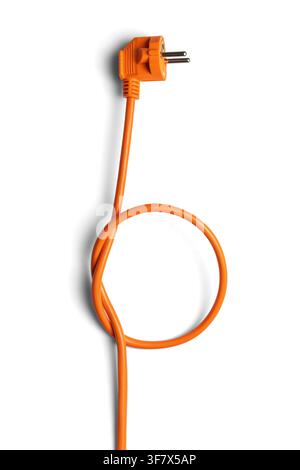 Orange power cable with plug tied in a knot isolated on white background, vertical Stock Photo