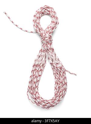 White and red braided nylon rope coil isolated on white background, vertical Stock Photo
