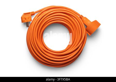 Coiled orange extension cord isolated on white background, top view Stock Photo