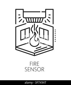 Fire sensor home security electronics line icon or symbol. Safety device outline vector icon, protection equipment thin line sign. Alarm electronics symbol or pictogram with fire sensor and room Stock Vector