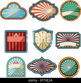 Vintage circus labels set with radiant backgrounds Stock Vector