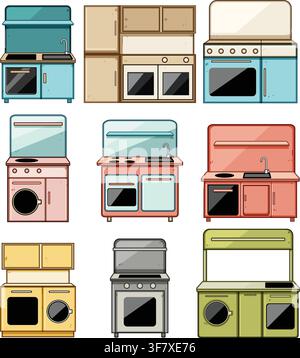 Collection of colorful cartoon play kitchen toys Stock Vector