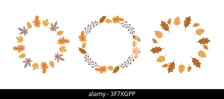 Autumn leaves wreath set vector botanical round frame collection with berries isolated on white background for thanksgiving invitation design Stock Vector