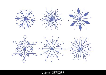 Snowflakes vector set purple linear winter snow crystal icons isolated on white background for christmas card and new year banner Stock Vector