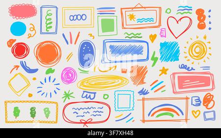 Hand drawn kid illustration of different forms. Doodle dencil or marker drawings. Vector scribbles geometric shapes and icons. Photo frames template. Stock Vector