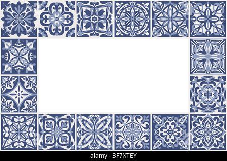 Ceramic Mediterranean pattern tiles frame. Blue Amalfi mosaic ornaments. Italian floral vector design Stock Vector