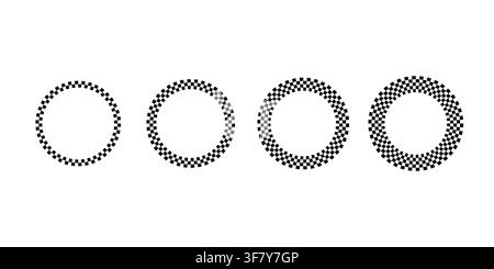 Checkered circle frame set with race flag pattern border art design featuring four circular variations isolated on white background Stock Vector
