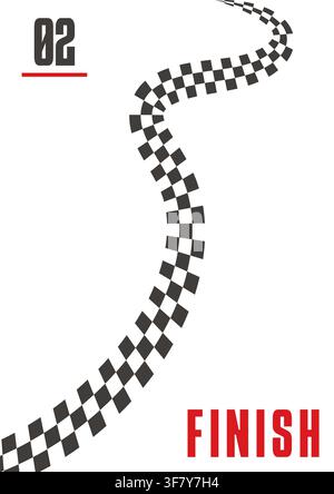 Checkered finish poster shows race path number speed sport art design with a winding track red typography and modern minimal layout Stock Vector