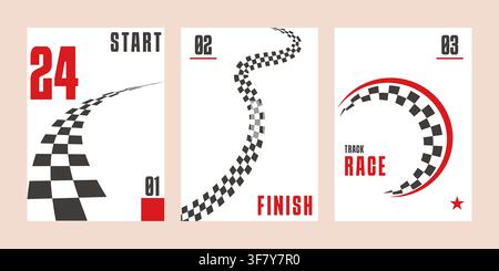 Race poster set with checkered track start finish number sport design featuring three modern layouts with red accents and bold typography Stock Vector
