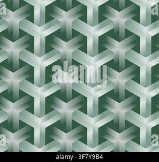 3D Geometric Seamless Pattern, Modern Isometric Cube Grid Background, Emerald Green Interlocking Lines Optical Illusion Vector. Stock Vector