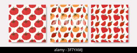 Set of three seamless patterns featuring red, yellow and purple plum tomatoes, cherry tomatoes and slices on white backgrounds in a cute hand-drawn fl Stock Vector
