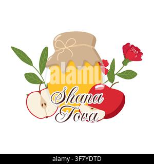 Festive Rosh Hashanah design with honey jar, red apples, green leaves, and red flowers Stock Vector