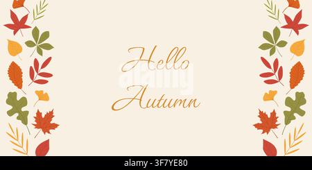 Elegant autumn leaves frame with Hello Autumn text on beige background. Perfect seasonal illustration for fall design Stock Vector